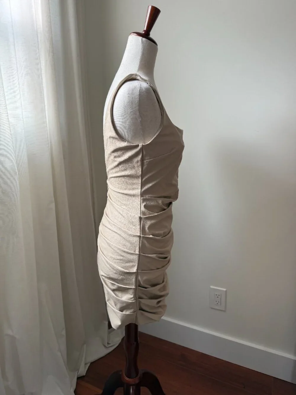 Naked Wardrobe Ruched Mini Dress Beige Tan Square Neck Bodycon Medium